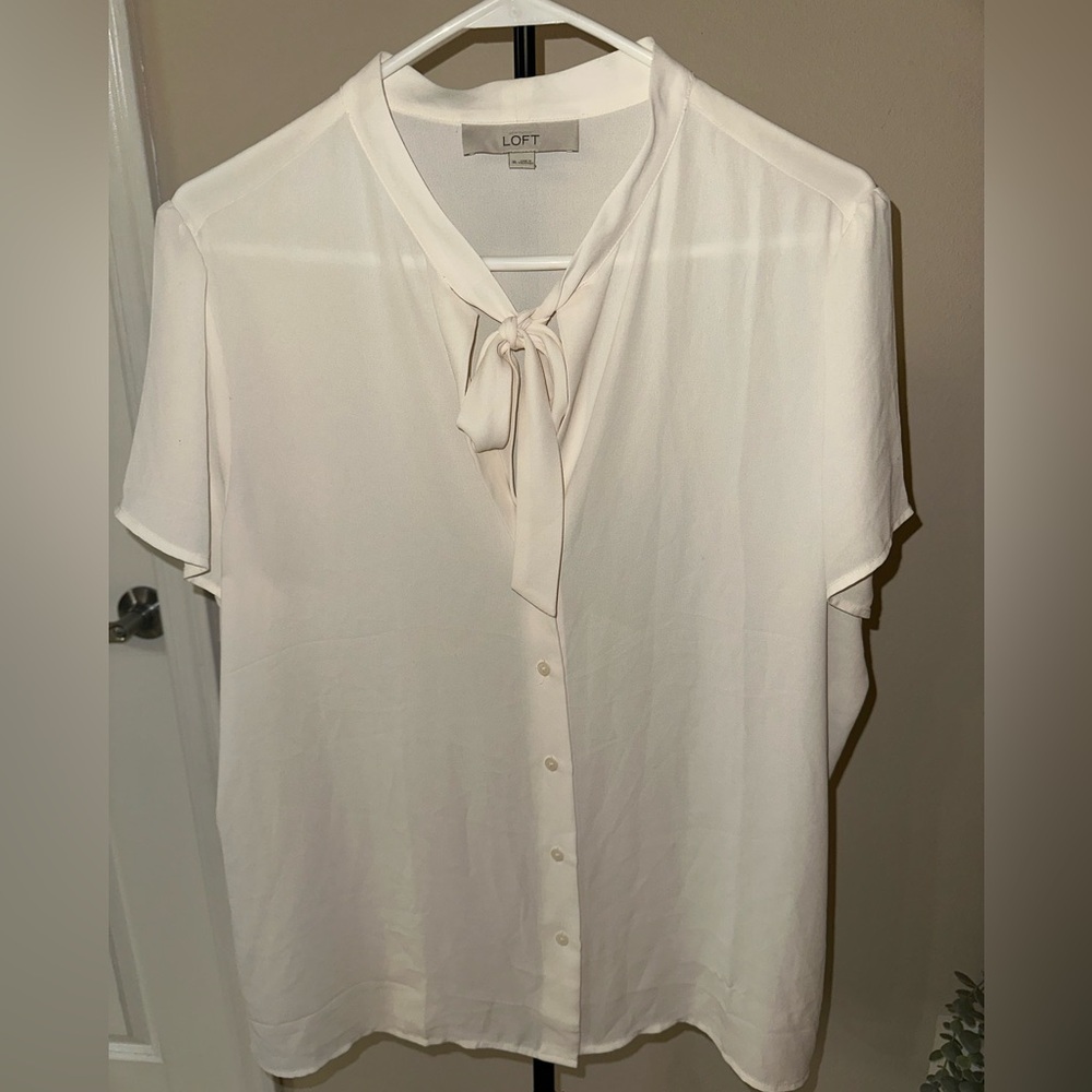 LOFT Ivory Short Sleeve Tie-Neck Blouse